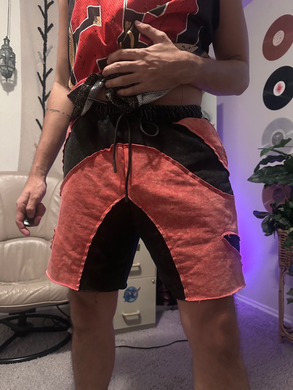 ROMWE Black & Red Colorblock Athletic Drawstring Shorts